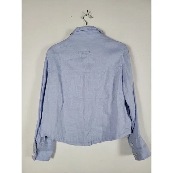Nicole Miller Womens Button Up Linen Cropped Shirt Jacket Large Blue Long Sleeve - Picture 2 of 7